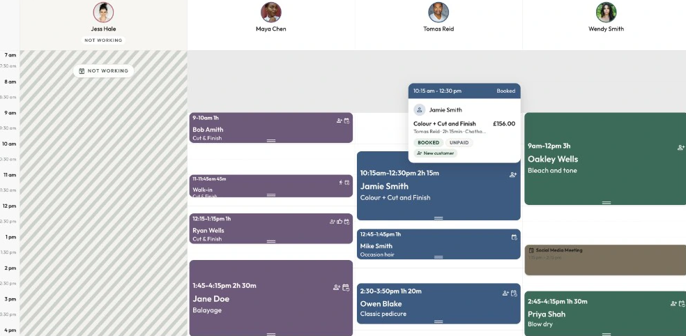 The Cobbtree diary for a salon, showing four stylists' columns with the day's colour, cut and pedicure appointments, and an open booking for Jamie Smith at £156.00