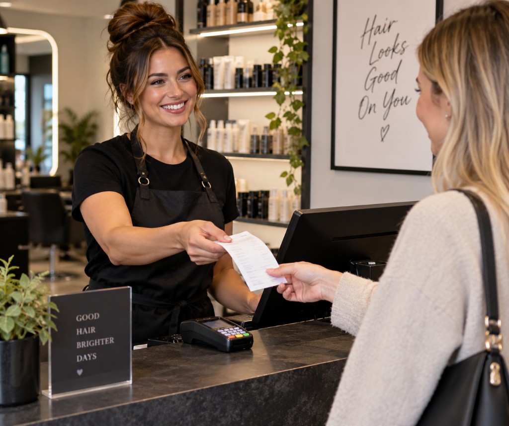 A stylist handing a printed receipt across the counter to a client, with a card terminal on the desk