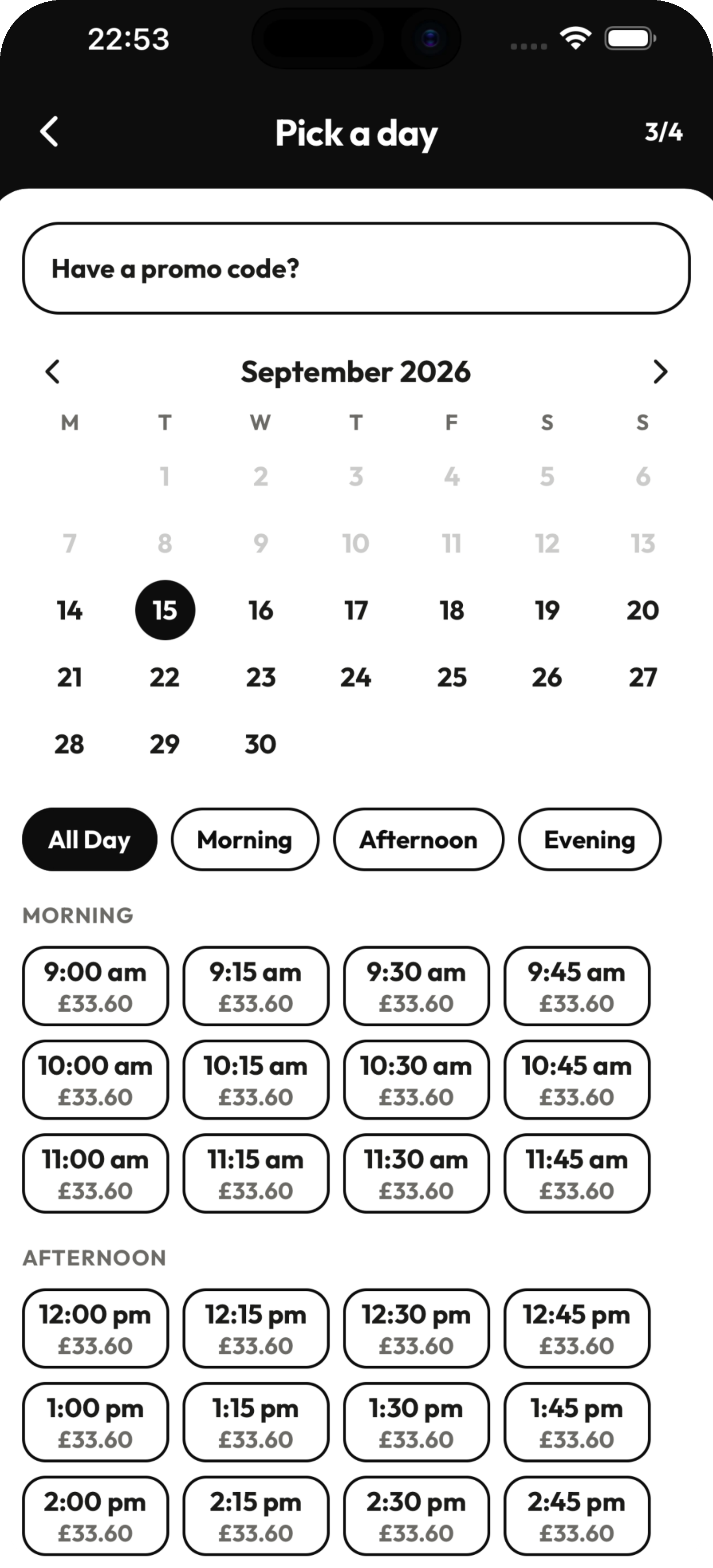 Picking a day and a priced time slot in the Cobbtree app