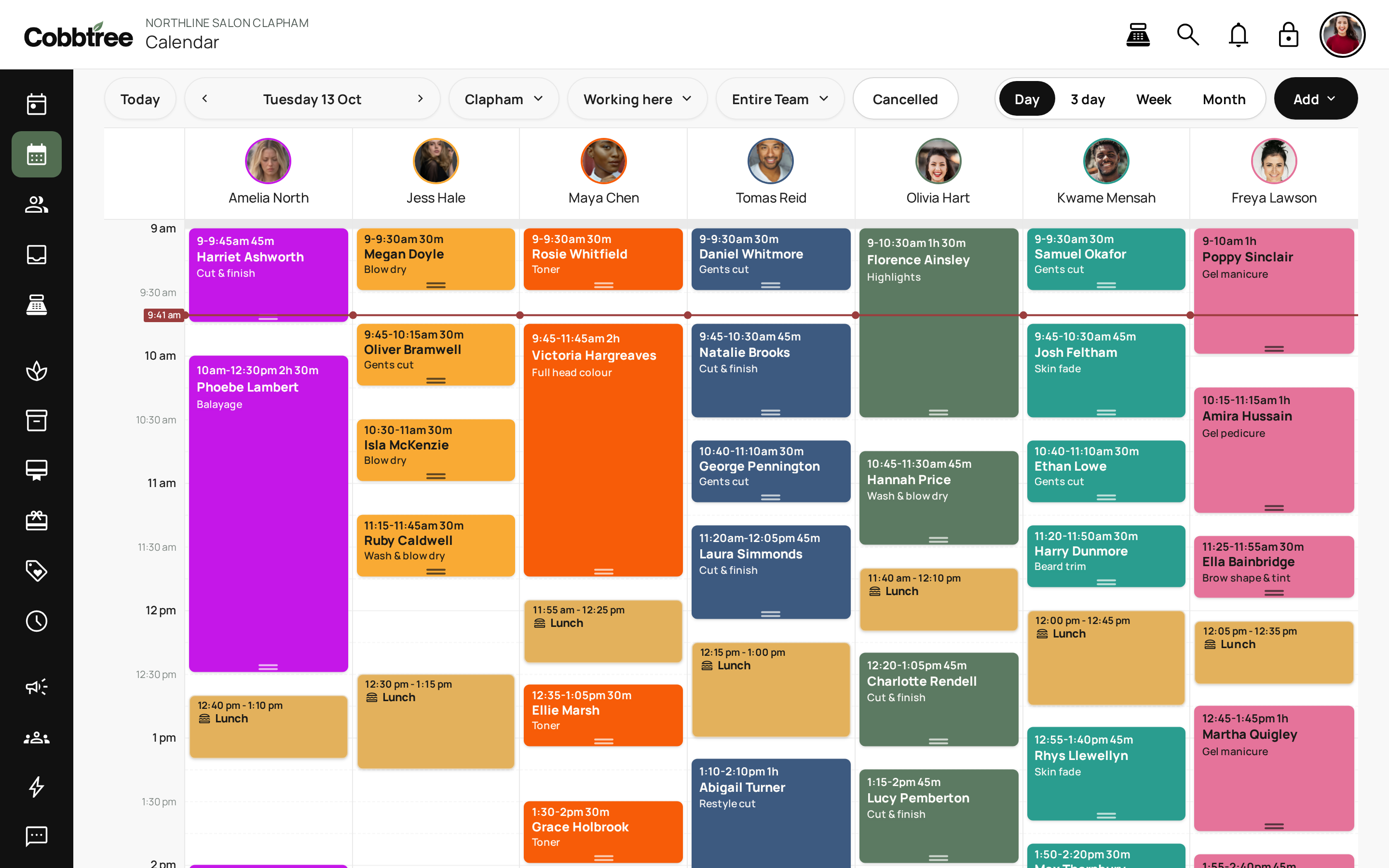 The Cobbtree calendar for Northline Salon, with the day's bookings