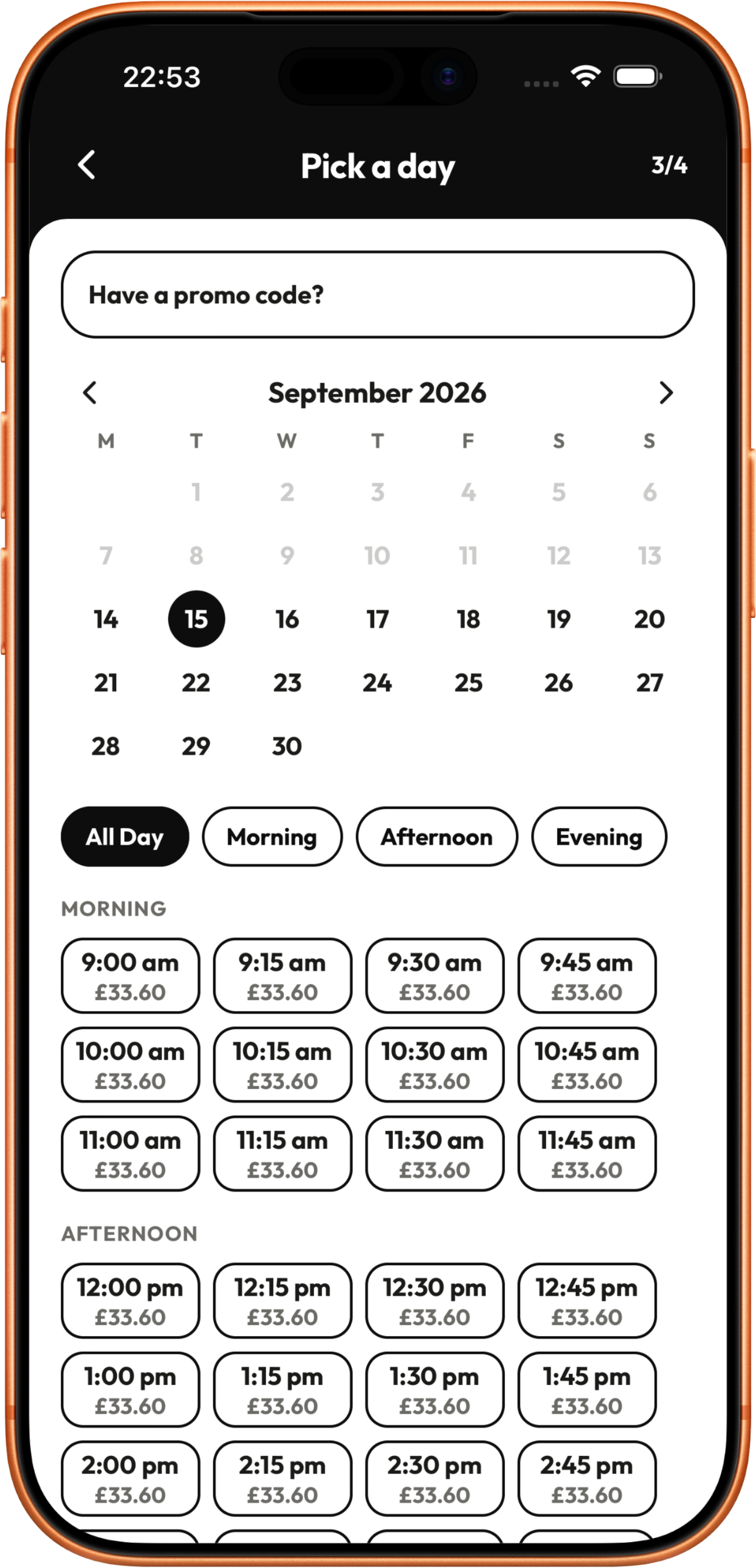 Choosing an available appointment in the Cobbtree app