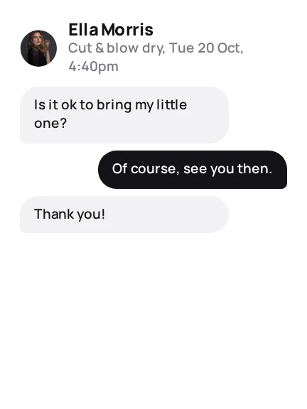 A back and forth on the client, with the booking pinned at the top.