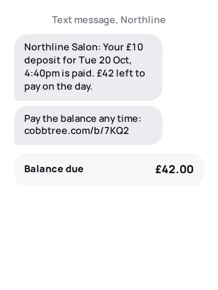 A text with the deposit amount and a link back to the booking.