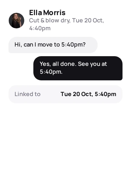 A client reply sitting on her record next to the booking.