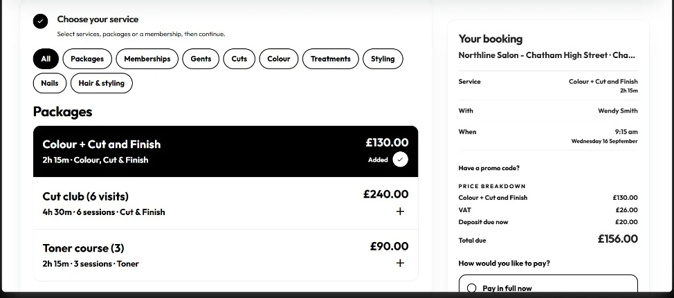 Packages on a Cobbtree menu: a colour, cut and finish at £130.00 already added to the booking, a six-visit cut club at £240.00 and a three-session toner course at £90.00, each with its total duration and what it includes