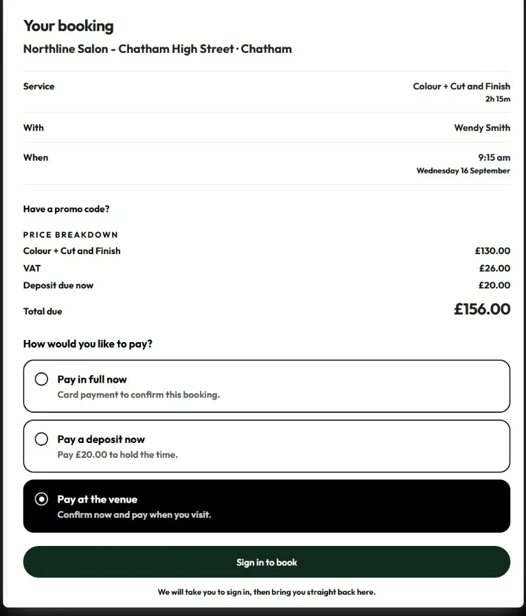 The Cobbtree booking summary a client confirms: service, stylist and time, a price breakdown of £130.00 plus £26.00 VAT with a £20.00 deposit due now, then a choice of paying in full, paying the deposit or paying at the venue
