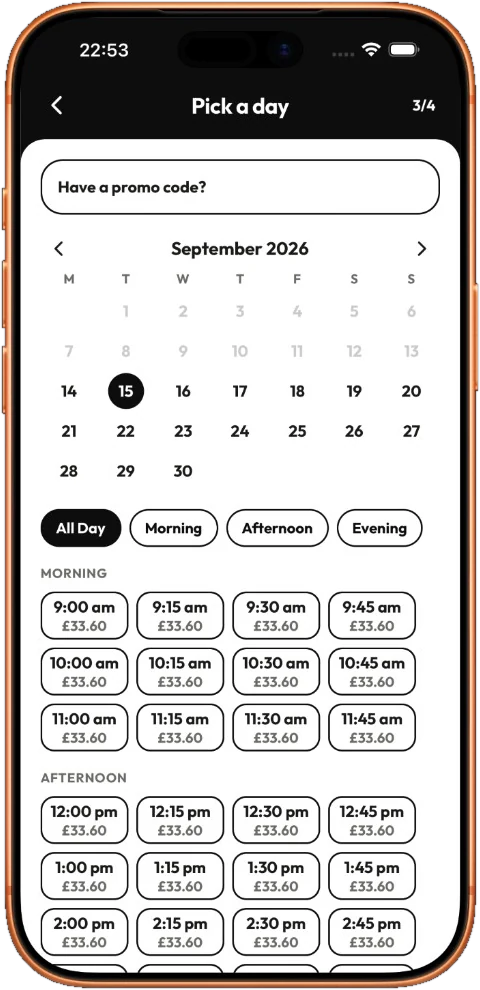 Picking a day on a phone: a month calendar with the chosen day highlighted, filters for morning, afternoon and evening, and priced time slots from 9:00 am