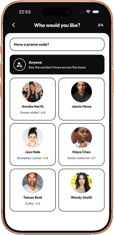 Choosing who to book with on a phone: an option to see the earliest times across the team, above a grid of named team members with their role and rating