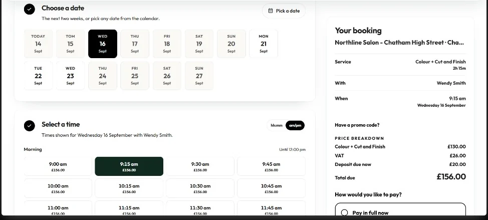Choosing a booking date and time on Cobbtree: the next two weeks as day chips with Wednesday 16 September selected, morning times from 9:00 am priced at £156.00 each, and a running booking summary showing the service, the stylist and the time