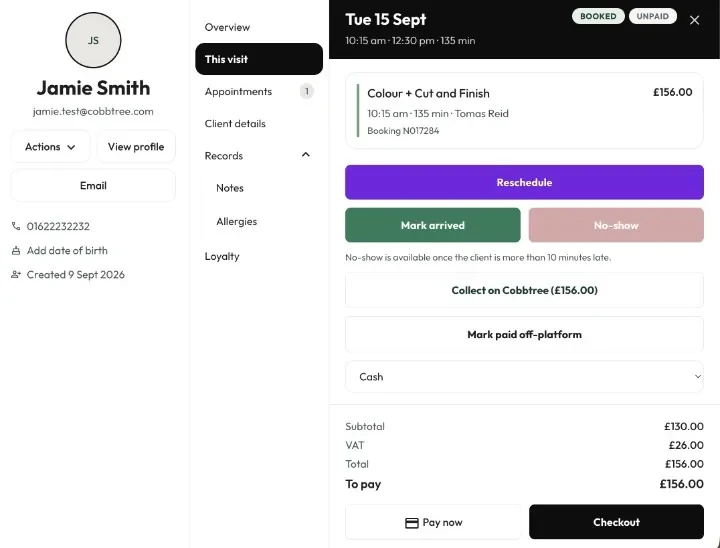 A client record in Cobbtree beside the visit panel: Jamie Smith's colour, cut and finish at £156.00, marked booked and unpaid, with options to mark arrived, record a no-show or collect payment