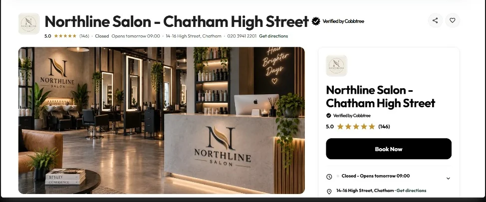 A business page on the Cobbtree marketplace: the salon's name and address, a Verified by Cobbtree badge, its own photography, and a panel with opening hours and a Book Now button