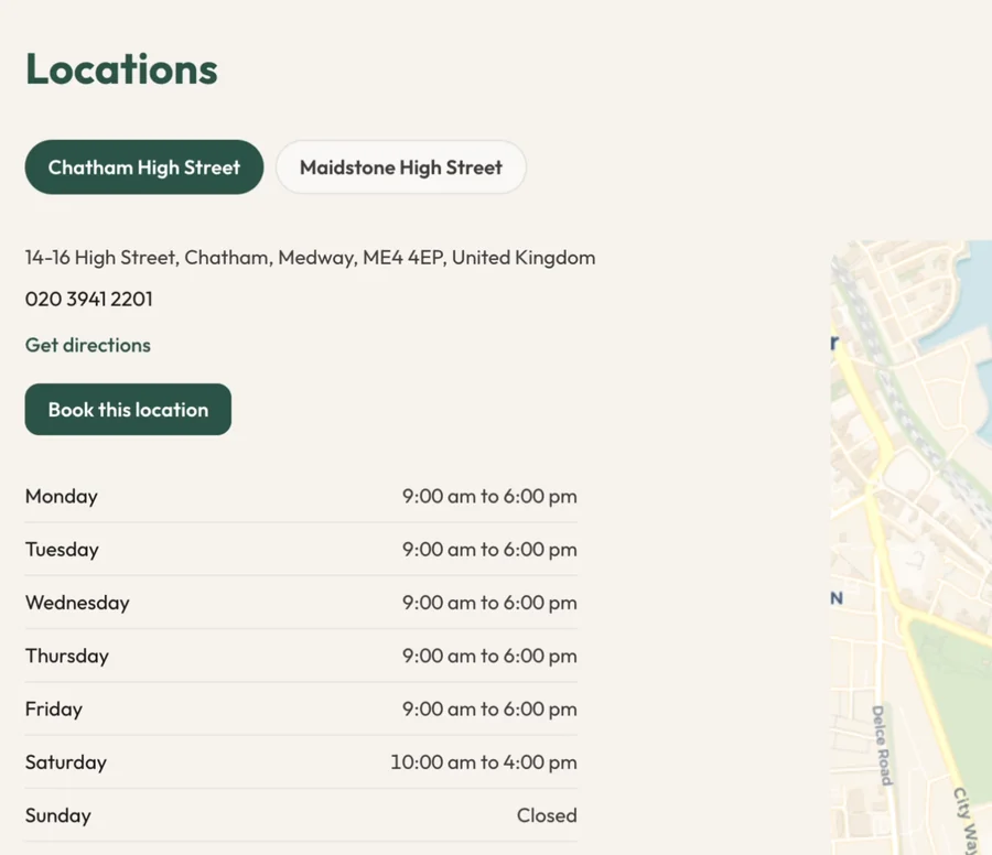 The locations page of a Cobbtree site, with a switcher between the Chatham High Street and Maidstone High Street branches, the address and phone number for the selected branch, its opening hours for every day of the week and a map