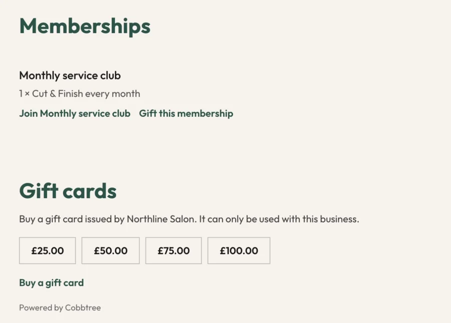 Memberships and gift cards on a Cobbtree site: a monthly service club that clients can join or buy as a gift, and gift cards available at £25, £50, £75 and £100