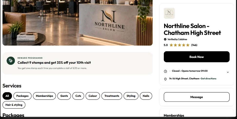 A reward programme offer on a Cobbtree page - collect 9 stamps and get 35% off your 10th visit, one stamp per visit of £20 or more - sitting above the service menu and beside the salon's Book Now button